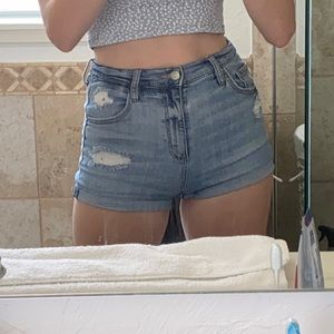 super high rise light wash denim distressed shorts